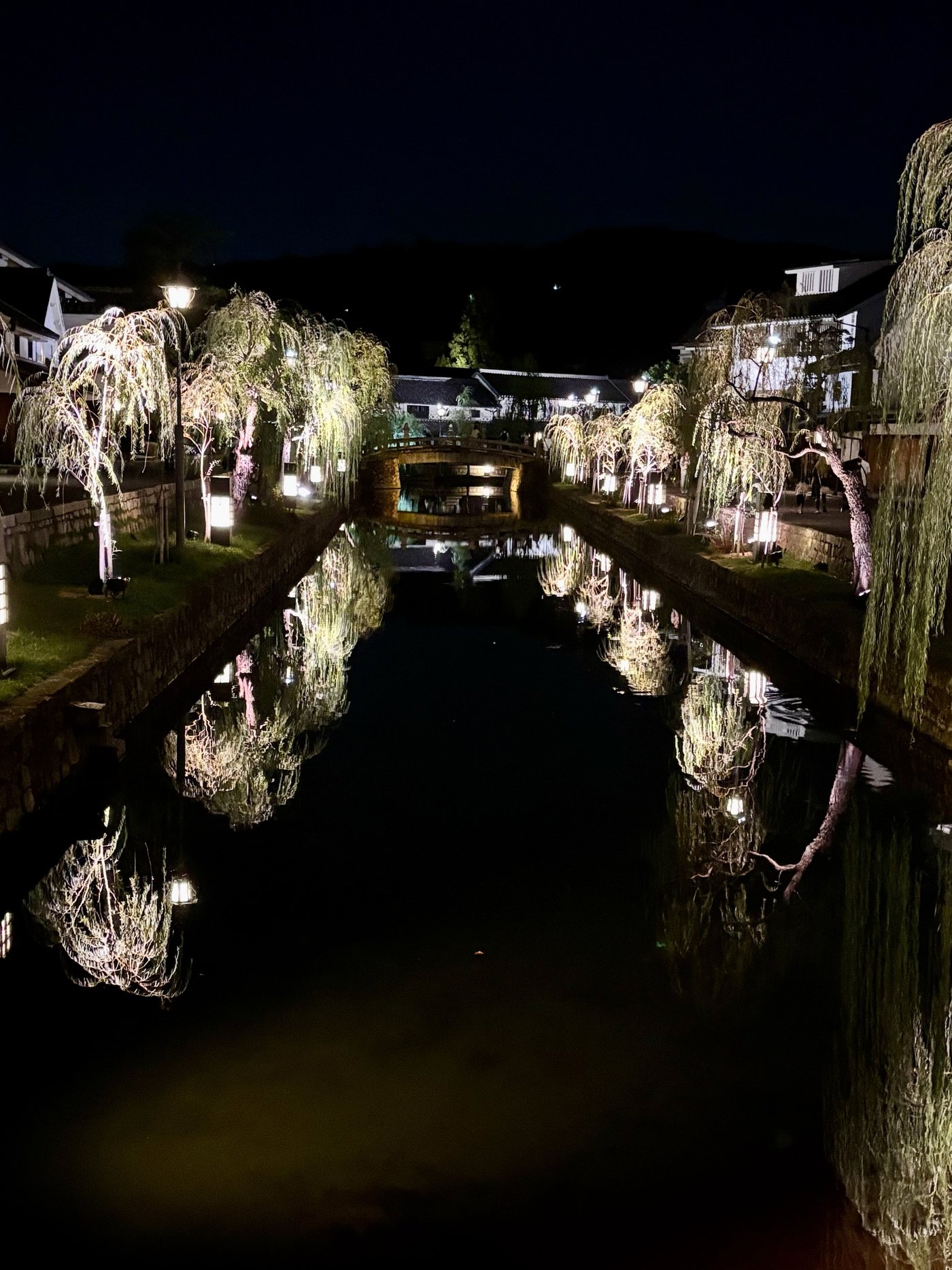 夜の倉敷川、水面に映るあかり
